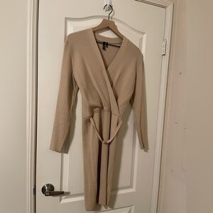 Marciano Tan Ribbed Wrap Midi Dress